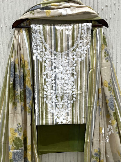 Olive Cotton Embroidered Unstitched Dress Material