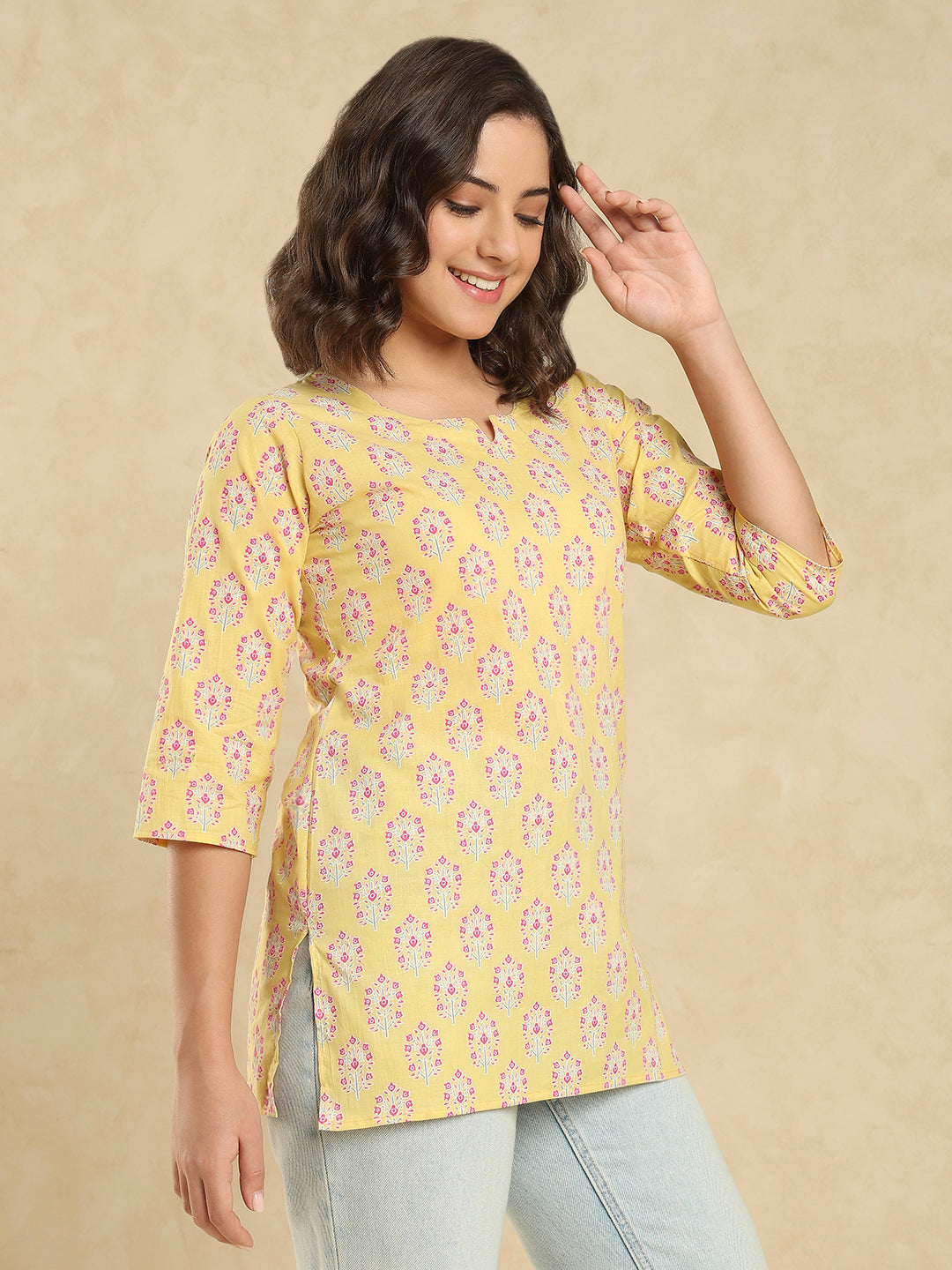 Yellow Cotton Printed Short Kurti