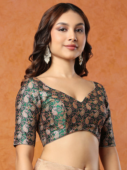 Green Brocade Sweetheart Neck Readymade Blouse