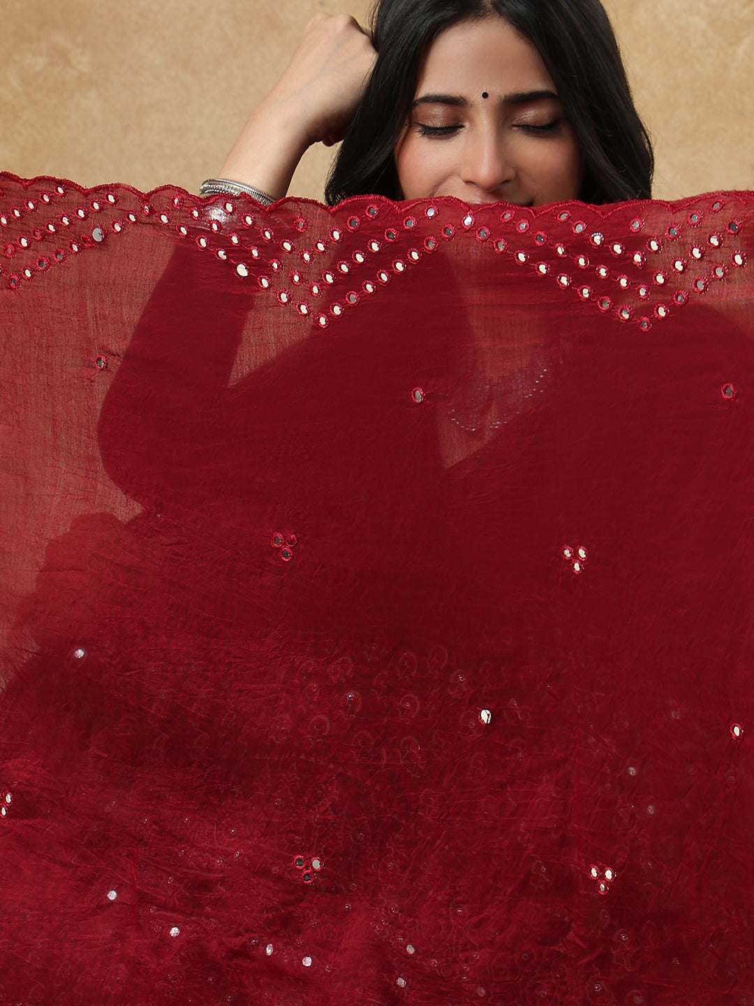 Wine Silk Mirror Work Festive Garba Dupatta For Navratri