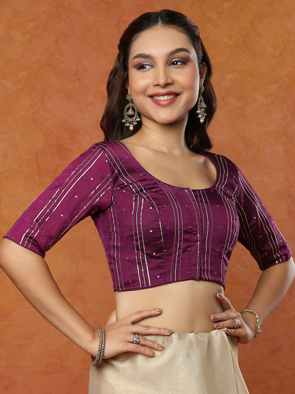 Purple Taffeta Silk Round Neck Readymade Blouse