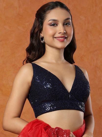 Navy Blue Sequin Sleeveless Readymade Blouse