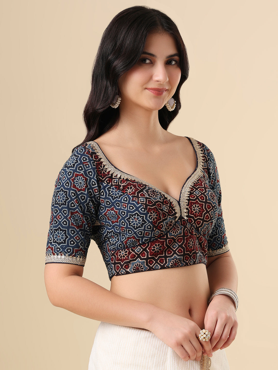 Blue Cotton Sweetheart Neck Hand Block Printed Ajrakh Readymade Blouse