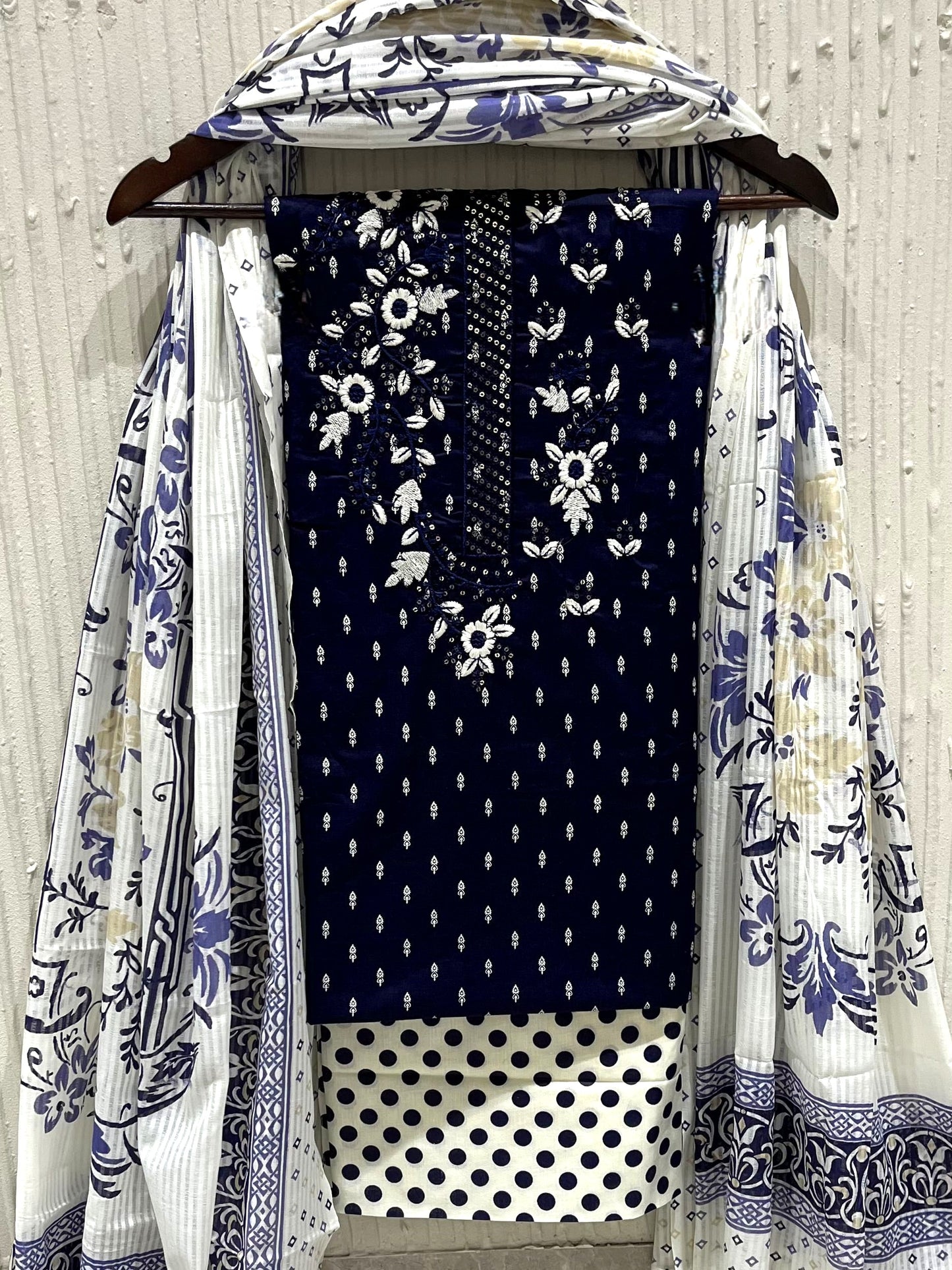 Navy Blue Cotton Embroidered Unstitched Dress Material