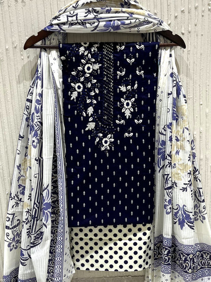 Navy Blue Cotton Embroidered Unstitched Dress Material