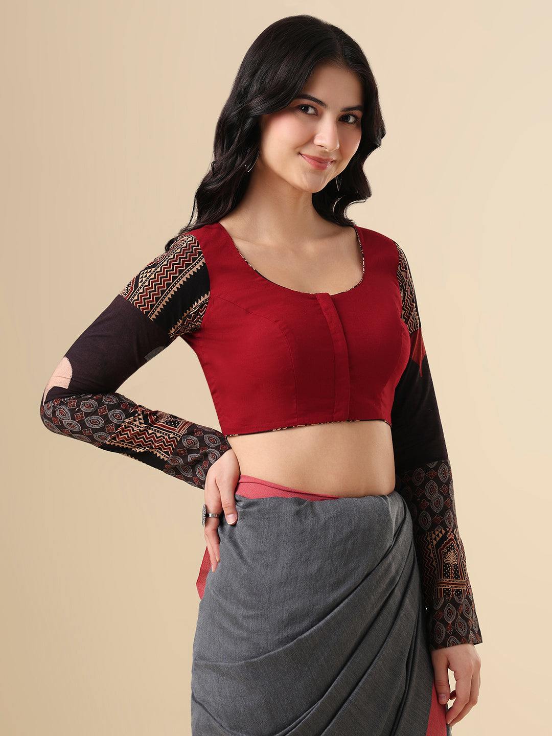 Maroon Pure Cotton Ajrakh Hand Block Printed Full Sleeves Readymade Blouse