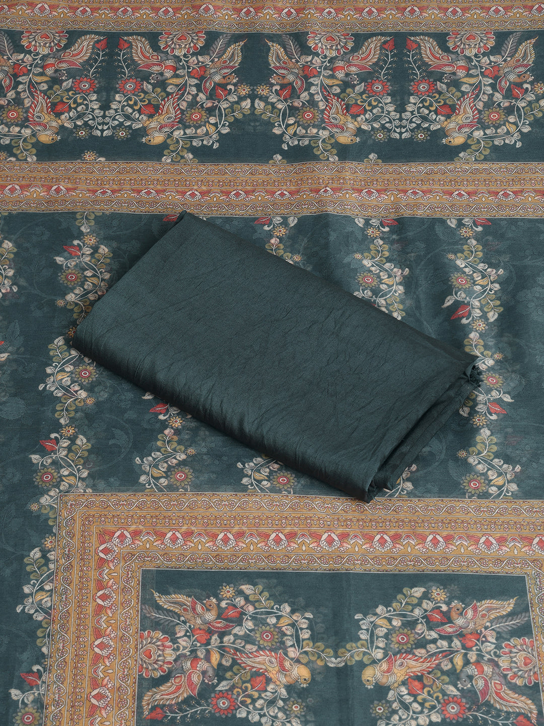 Teal Blue Chanderi Silk Embellished Unstitched Dress Material (3 Pc)