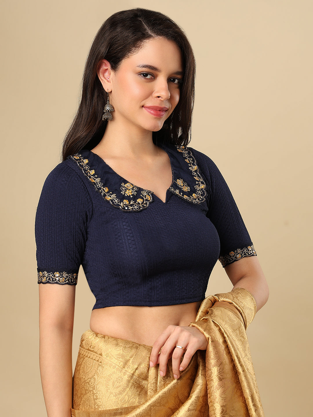 Navy Blue Embroidered Non Padded Stretchable Saree Blouse