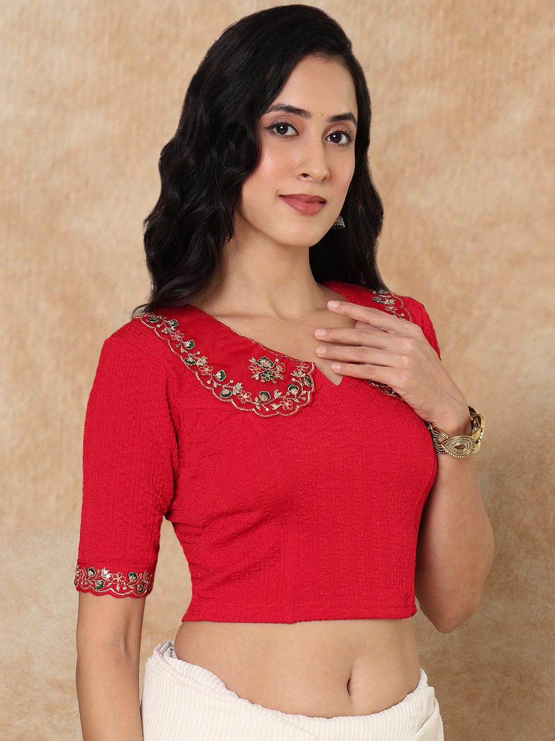 Red Embroidered Non Padded Stretchable Saree Blouse