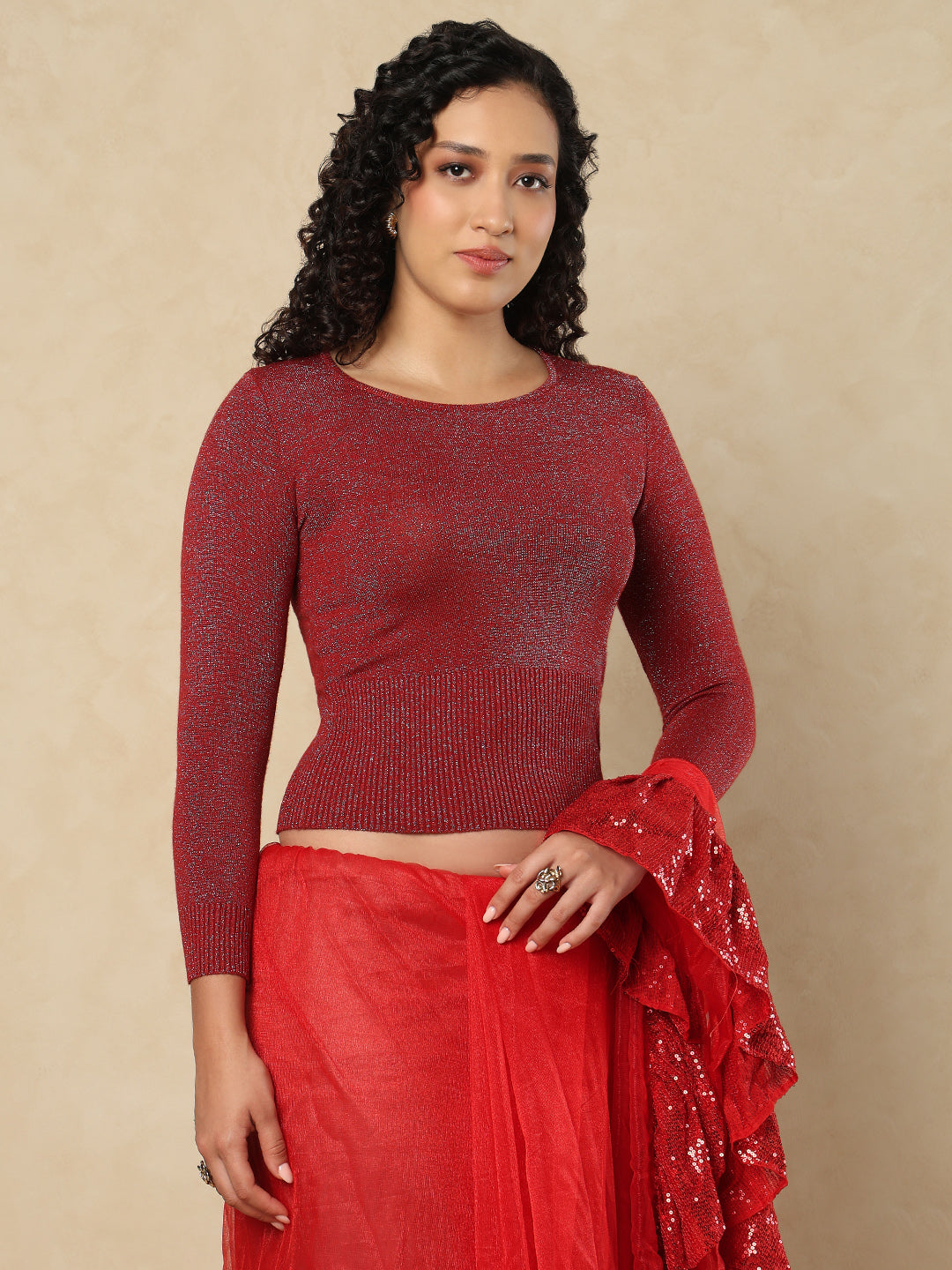 Maroon Woolen Round Neck Full Sleeves Stretchable Readymade Blouse
