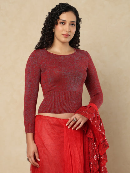 Maroon Woolen Round Neck Full Sleeves Stretchable Readymade Blouse