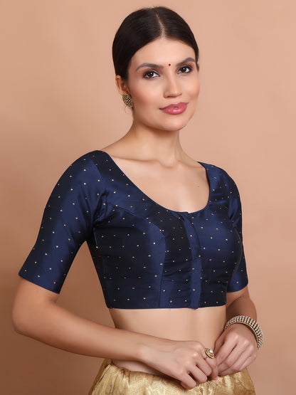Navy Blue Silk Round Neck Sleeveless Blouse