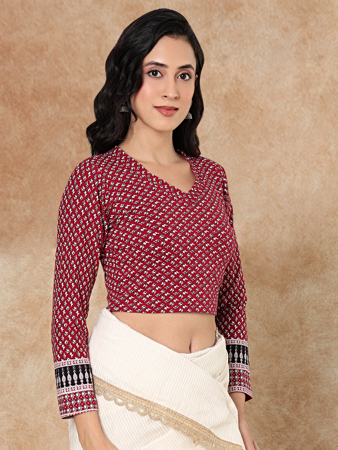 Maroon Cotton Kalamkari Stretchable Readymade Non Padded Blouse