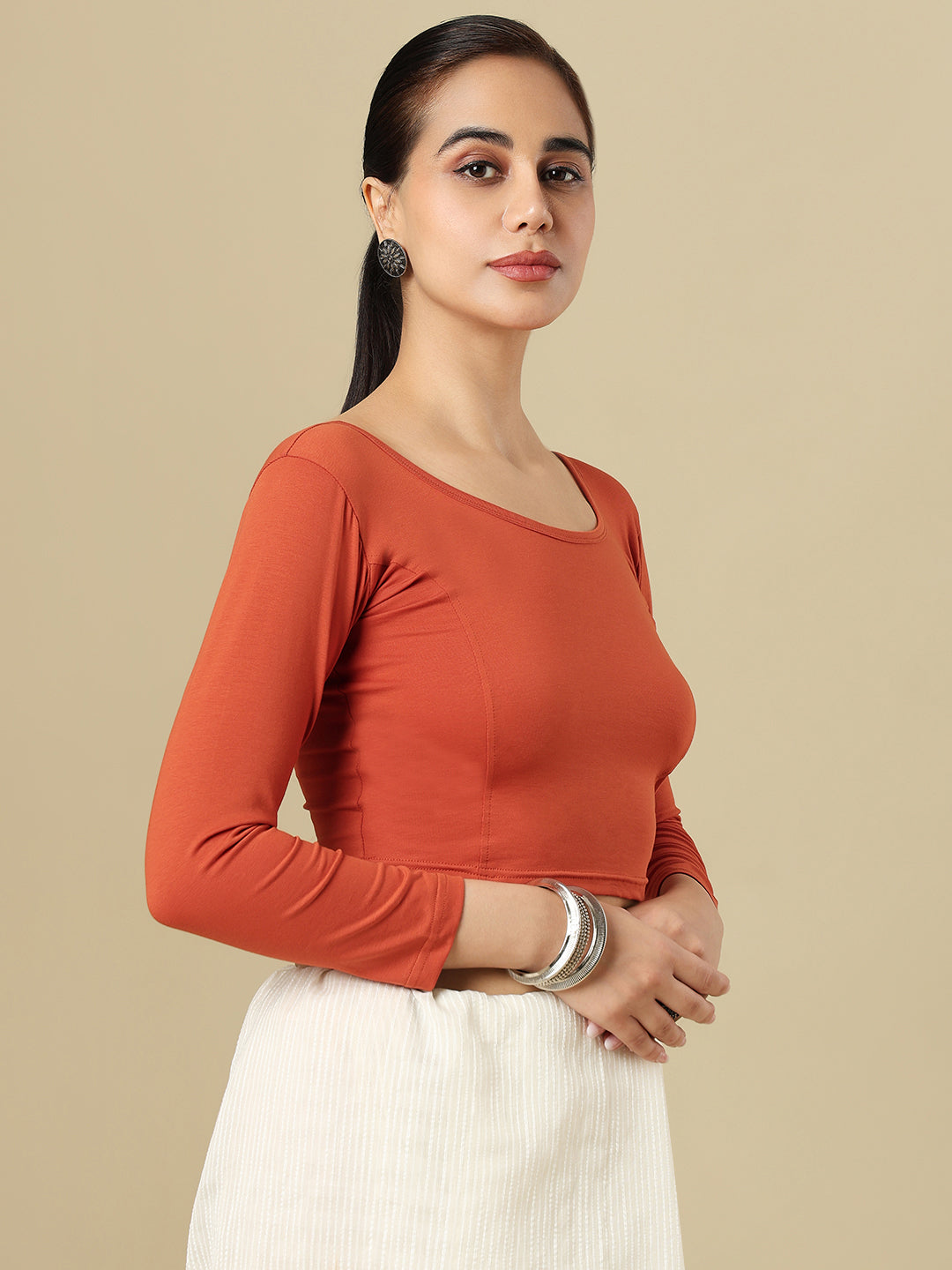 Rust Cotton Lycra Round Neck Stretchable Saree Blouse