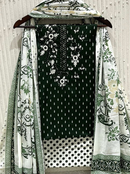 Green Cotton Embroidered Unstitched Dress Material