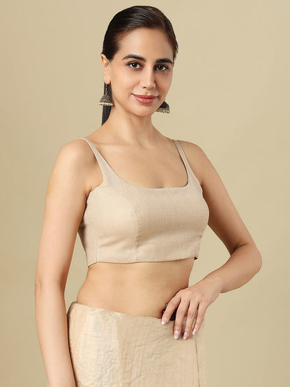 Beige Pure Linen Sleeveless Readymade Saree Blouse