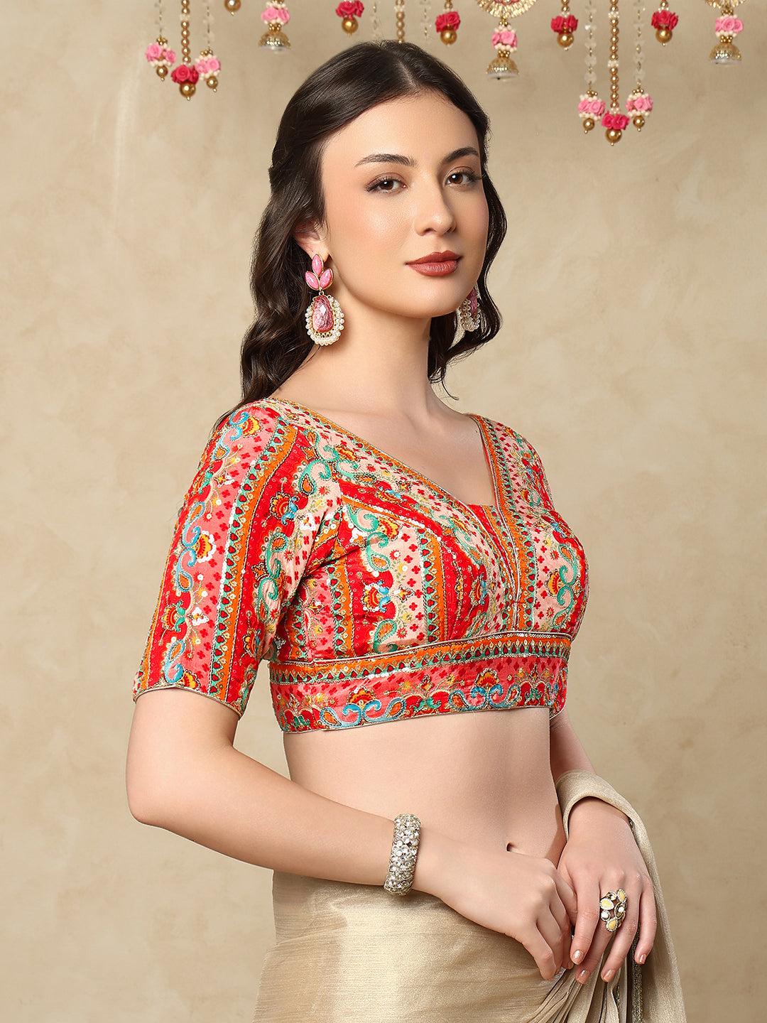 Red silk V Neck Readymade Blouse