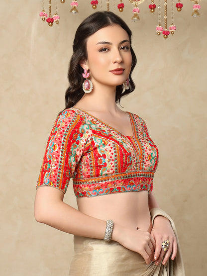 Red silk V Neck Readymade Blouse