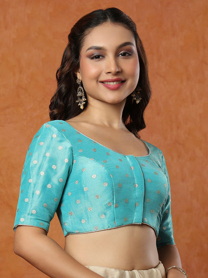 Light Blue Tissue Round Neck Readymade Blouse