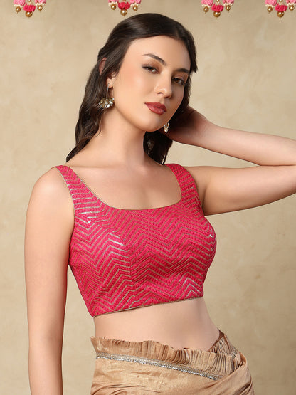 Pink Silk Round Neck Sleeveless Readymade Blouse