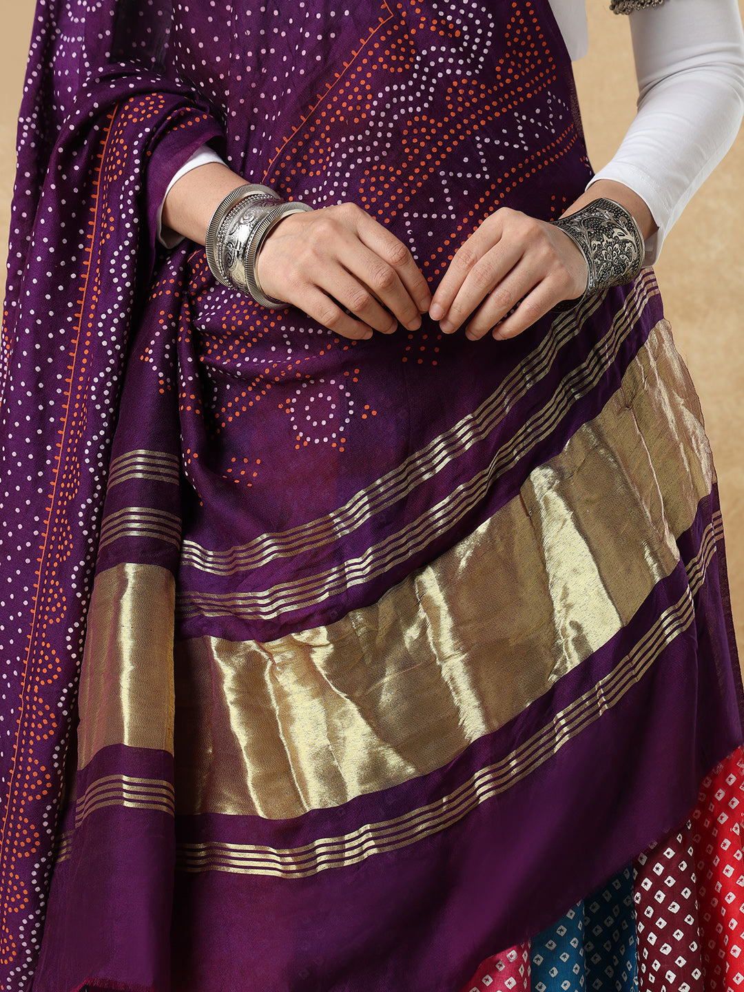 Purple Silk Bandhani Printed Festive Garba Dupatta For Navratri