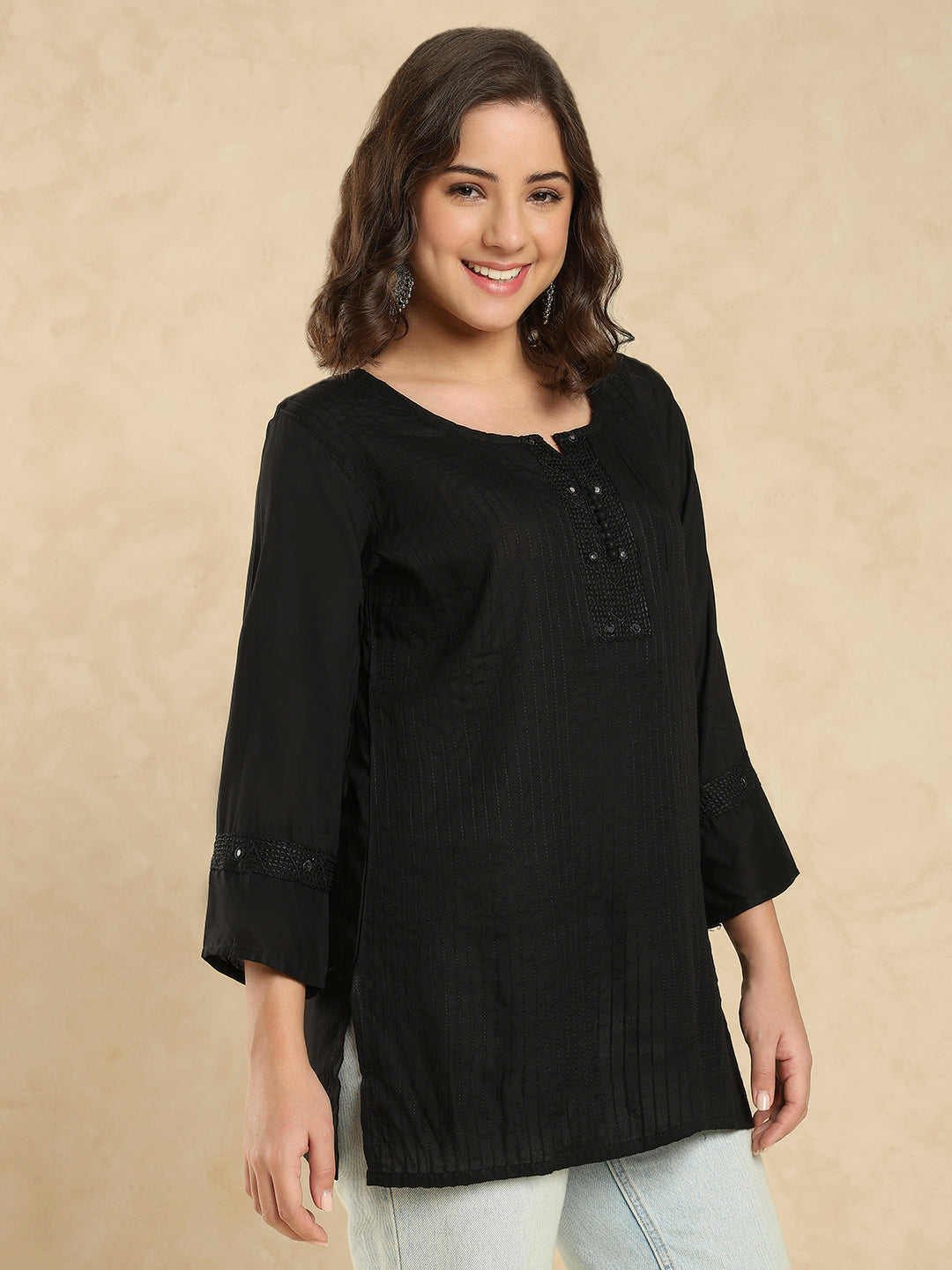 Black Cotton Solid Embroidered Short Kurti
