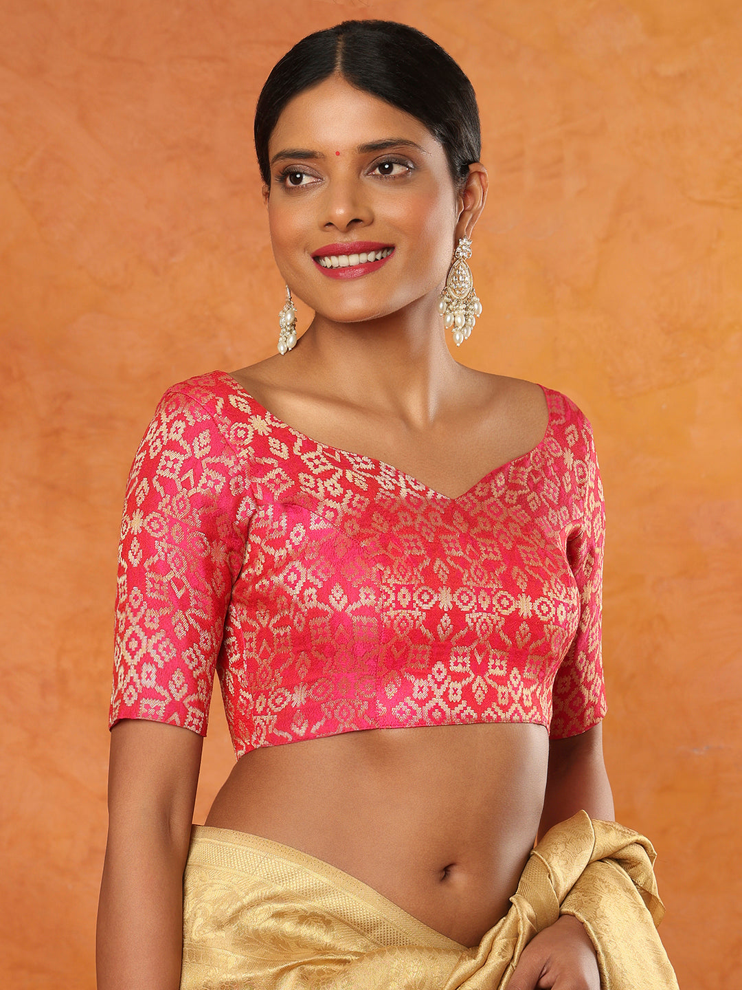Pink Brocade Sweetheart Neck Readymade Blouse