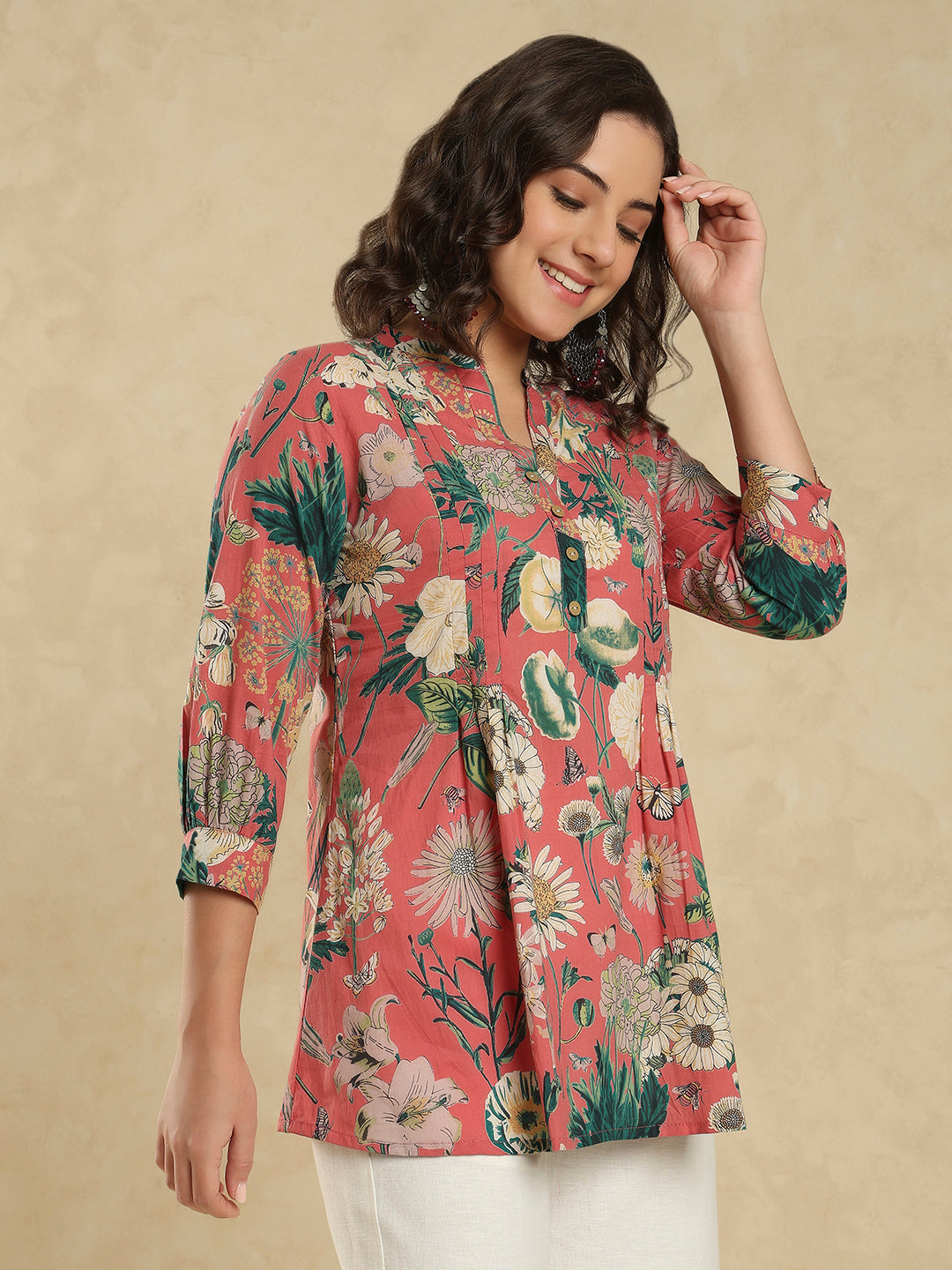 Red Cotton Floral Printed Short Kurti