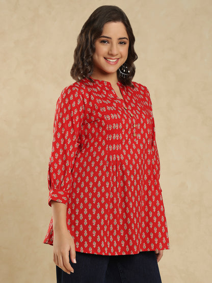 Red Cotton Ethnic Motifs Printed Short Kurti