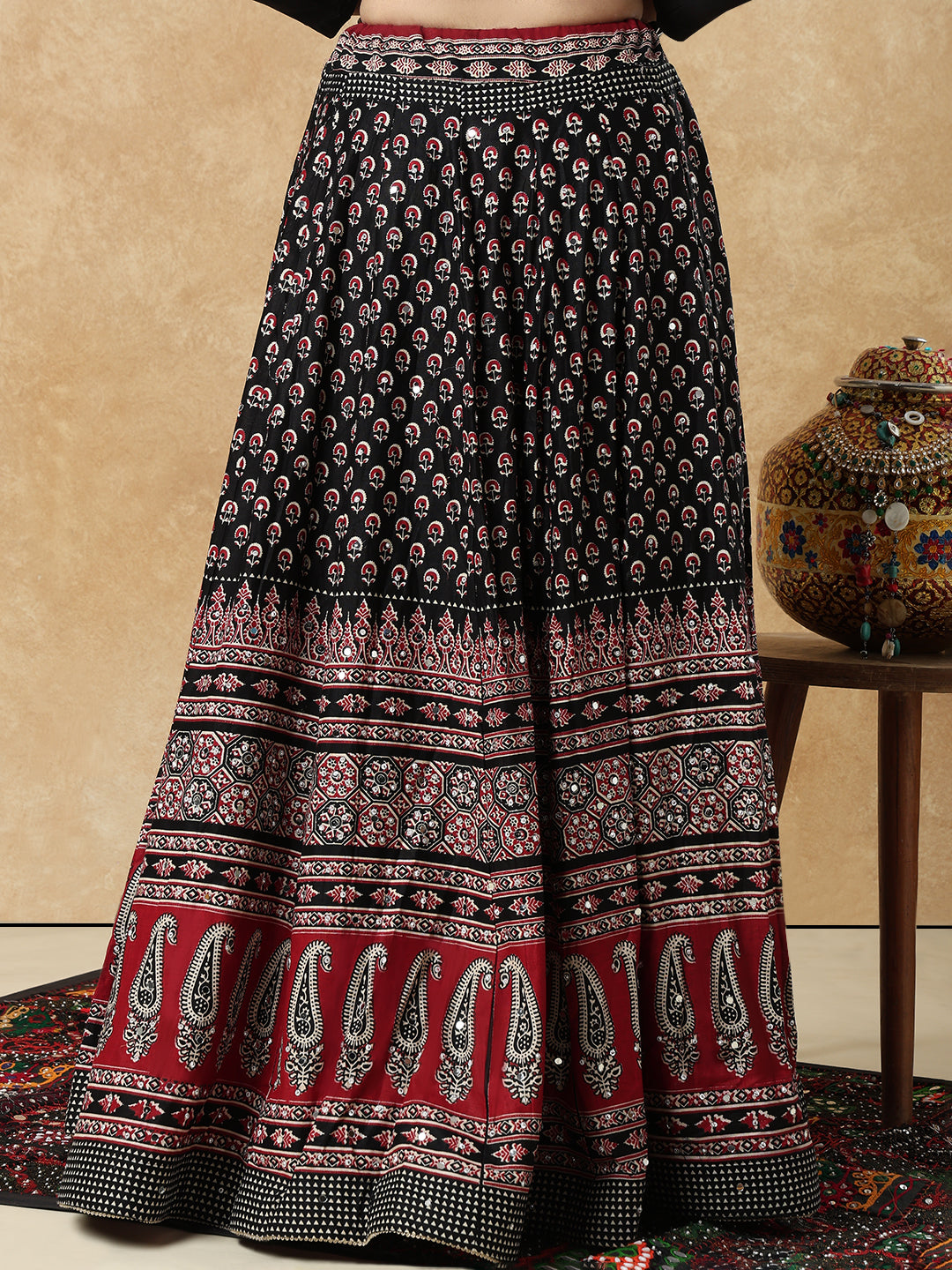 Ajrakh Mirror Work Garba Cotton Readymade Skirt For Navratri
