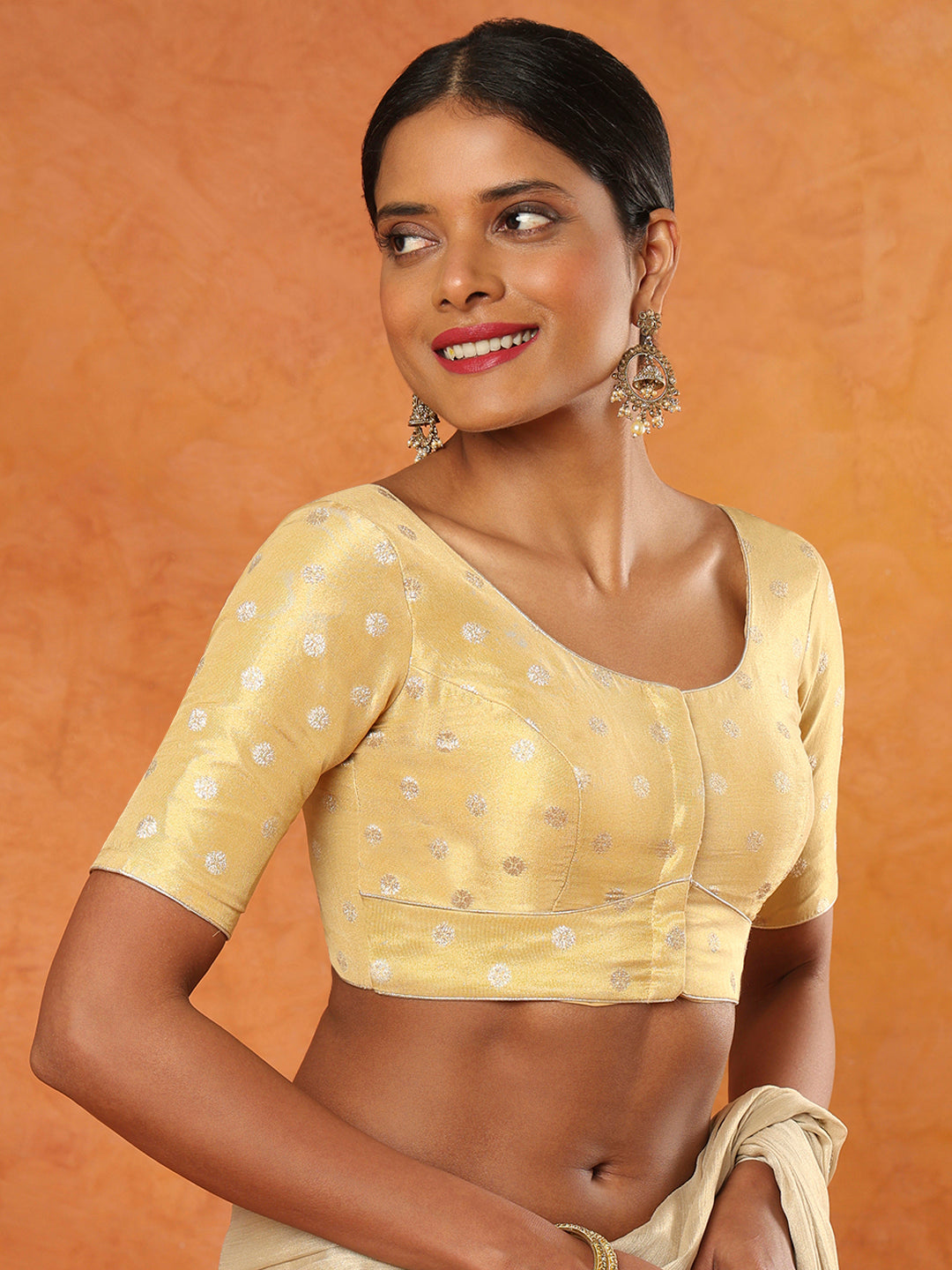Light Gold Tissue Round Neck Readymade Blouse