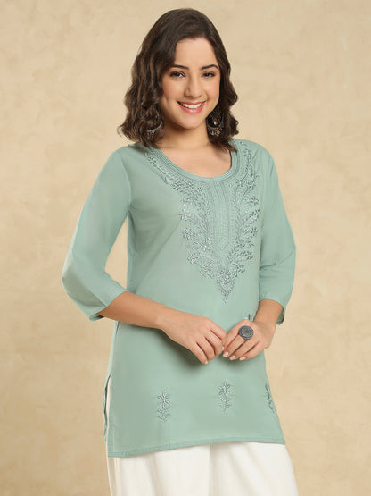 Sea Green Cotton Solid Embroidered Short Kurti