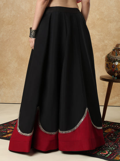 Black & Red Embellished Garba Cotton Readymade Skirt For Navratri