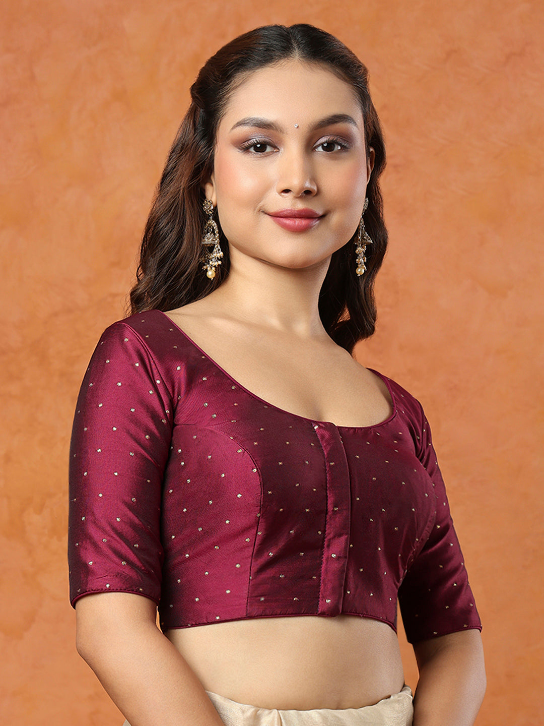 Plum Taffeta Silk Round Neck Readymade Blouse