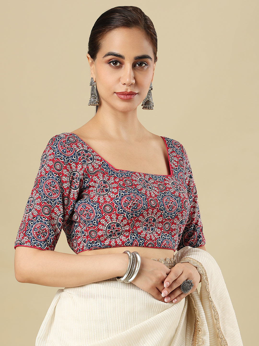 Cotton Ajrakh Printed Square Neck Padded Saree Blosus
