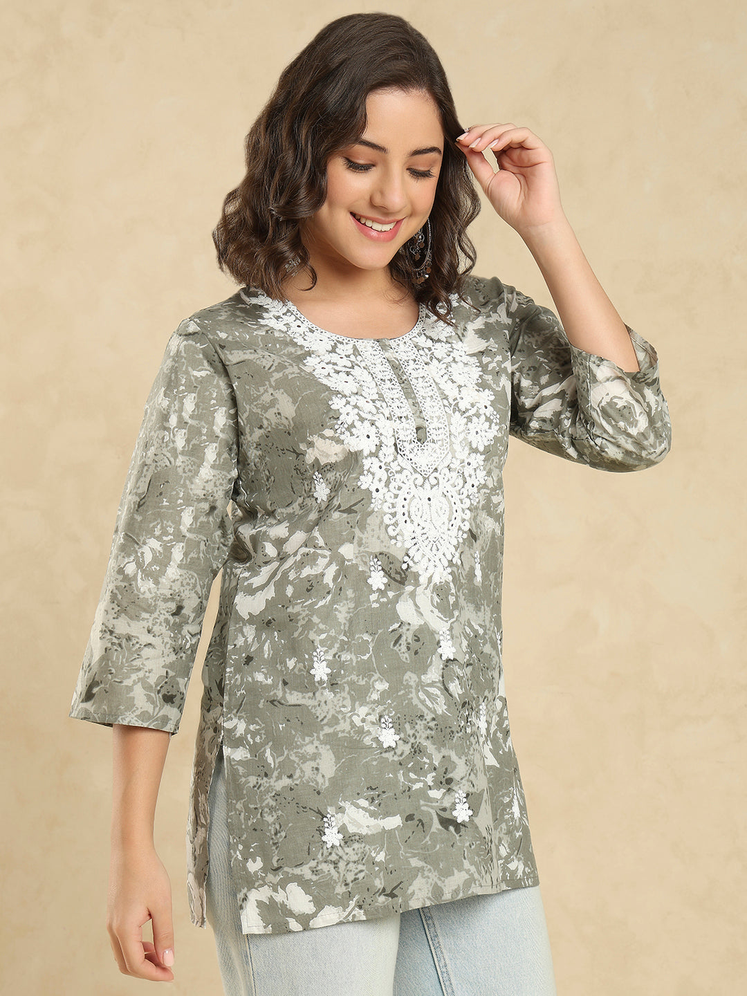 Grey Cotton Printed Embroidered Short Kurti