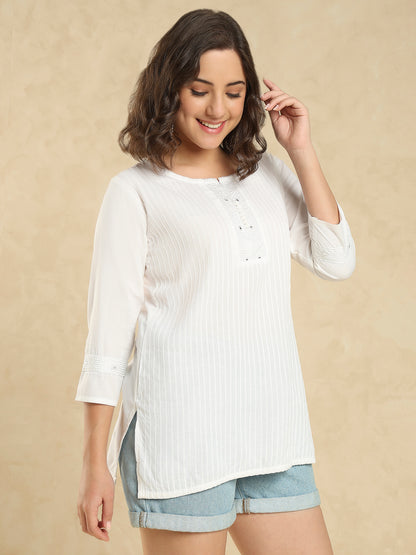 White Cotton Solid Embroidered Short Kurti