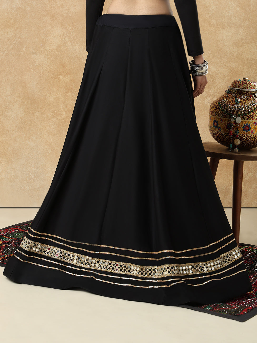 Black Embellished Garba Cotton Readymade Skirt For Navratri