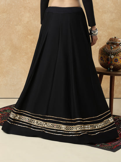 Black Embellished Garba Cotton Readymade Skirt For Navratri