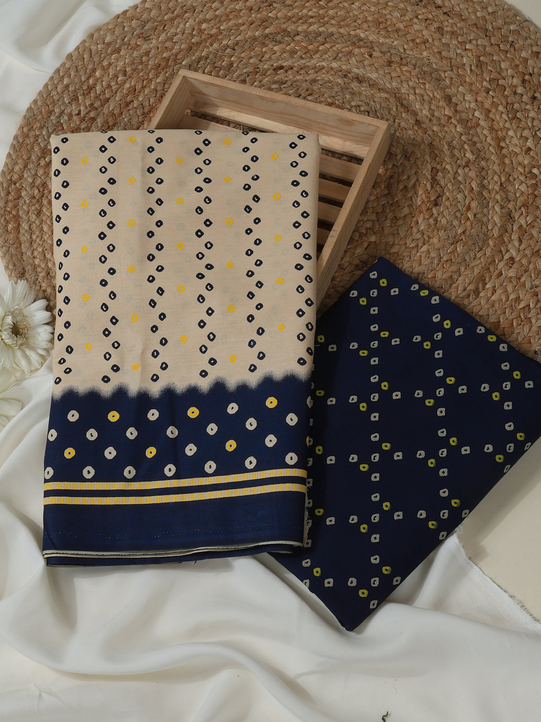 Beige Cotton Printed Unstitched Dress Material (2 Pc)