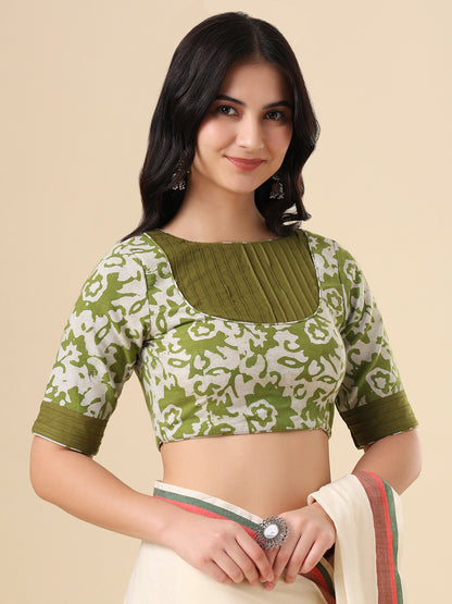 Olive Pure Cotton Batik Printed Readymade Blouse