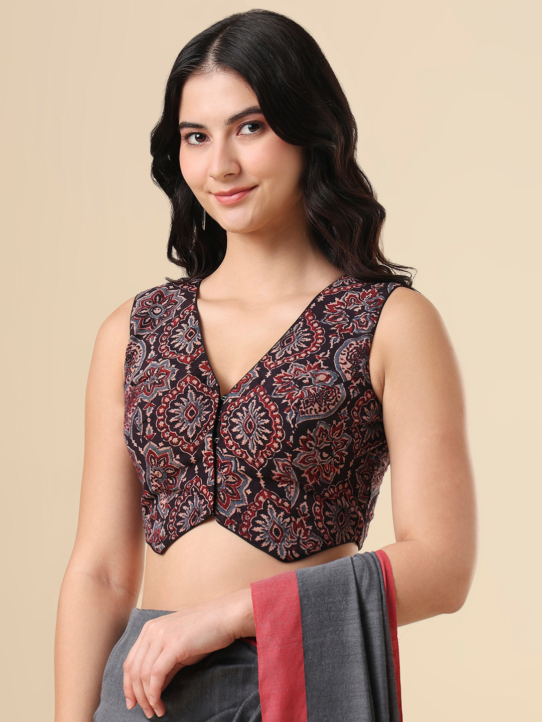 Black Ajrakh Waistcoat Sleeveless Readymade Blouse