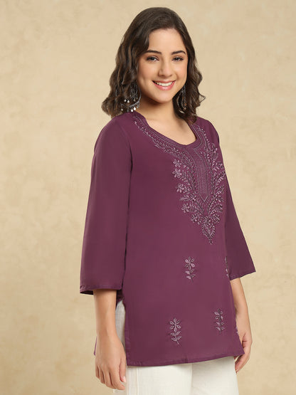 Purple Cotton Solid Embroidered Short Kurti