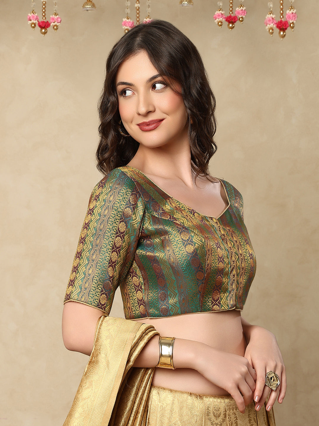 Rama Green Brocade Round Readymade Blouse