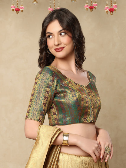 Rama Green Brocade Round Readymade Blouse
