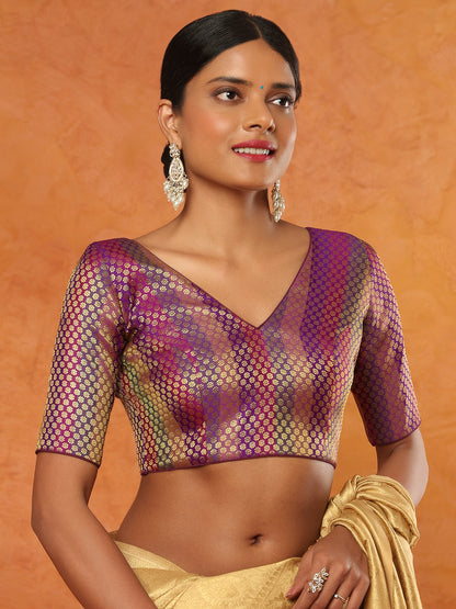 Purple Brocade V Neck Readymade Blouse
