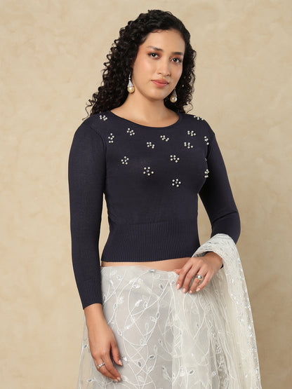 Navy Blue Woolen Round Neck Readymade Blouse