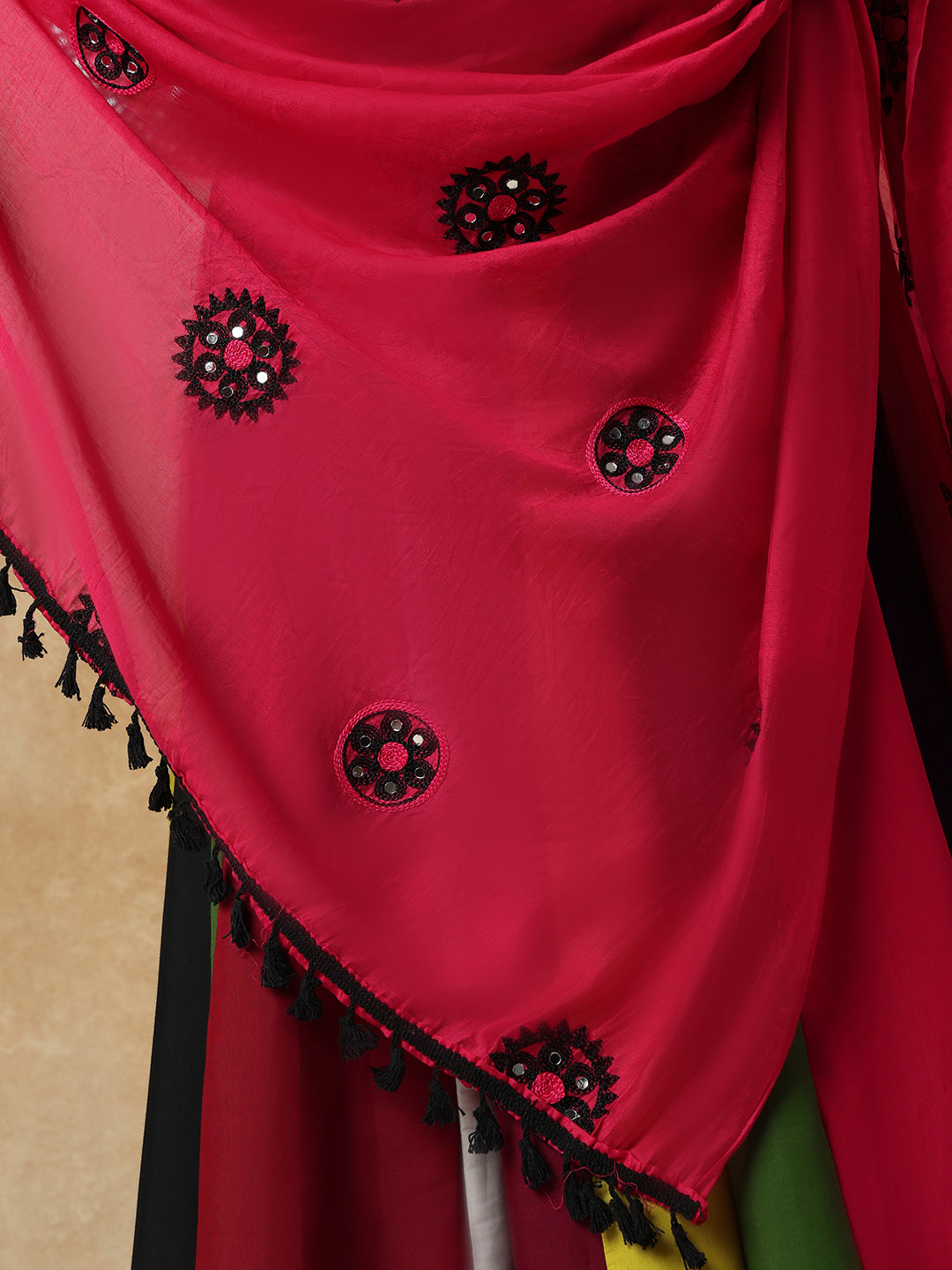 Pink Silk Embroidered Mirror Work Festive Garba Dupatta For Navratri