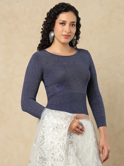 Navy Blue Woolen Round Neck Full Sleeves Stretchable Readymade Blouse