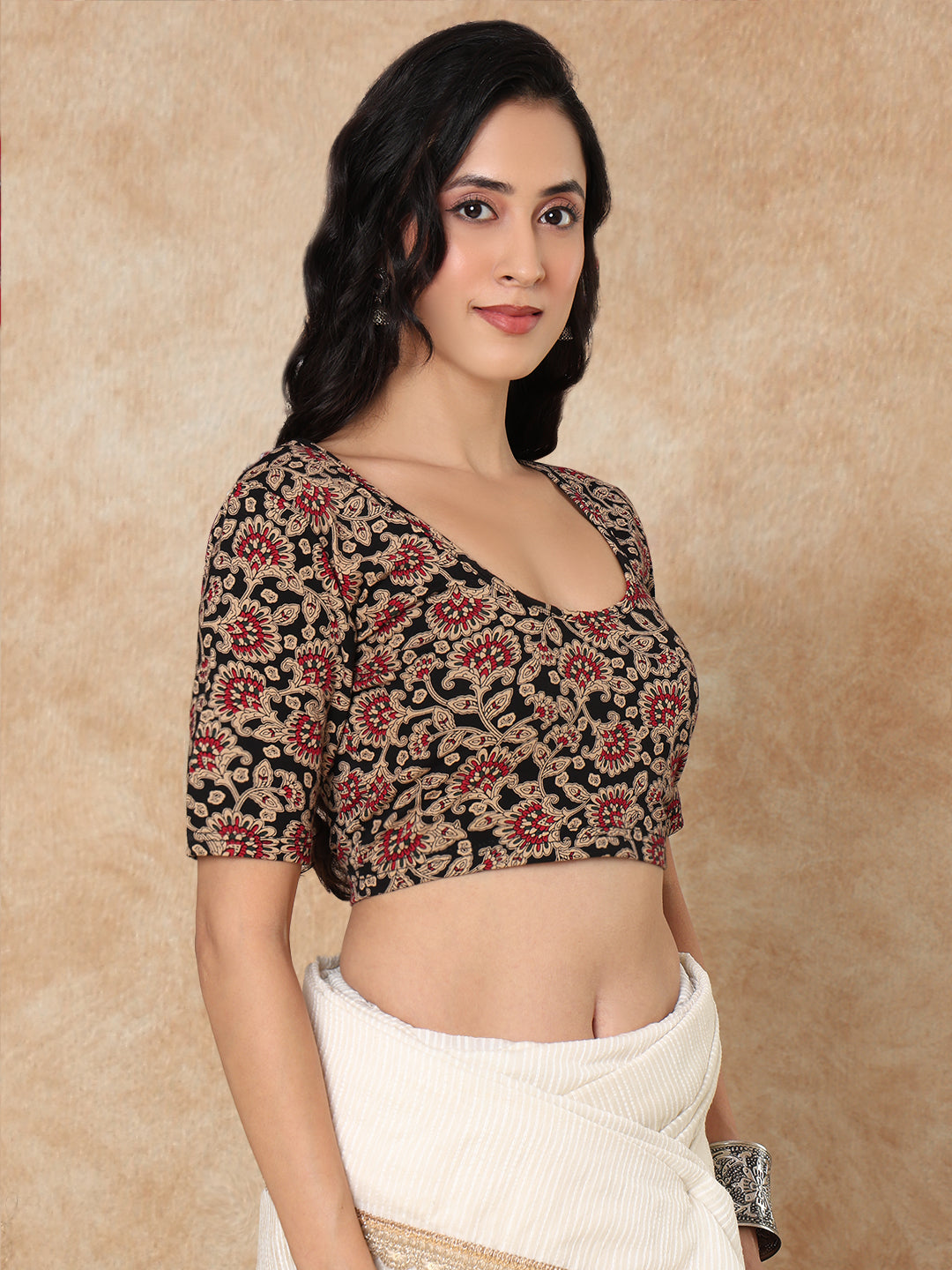 Black Cotton Kalamkari Round Neck Stretchable Readymade Blouse